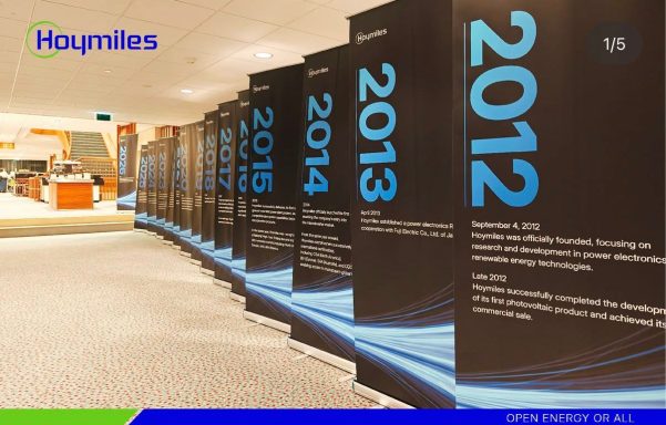 HOYMILES - ÁMSTERDAM 2026 Exhibición de paneles anuales del 2012 al 2015 en un entorno moderno.